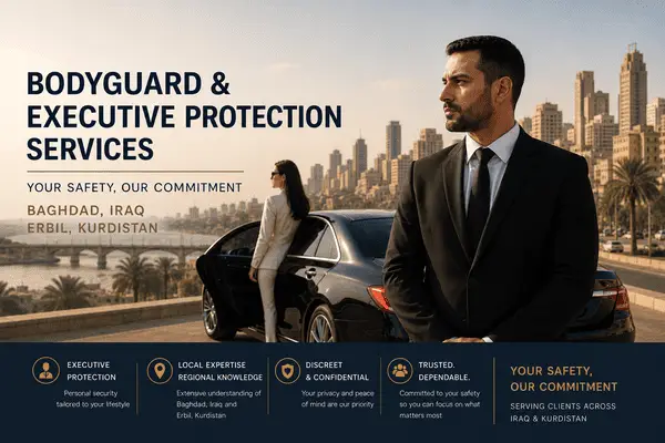Our professional Bodyguard & Executive Protection Services in Baghdad Iraq and specialist Security Services in Erbil Kurdistan are tailored for international executives, diplomatic personnel, NGO representatives and energy sector clients operating throughout Iraq and the Kurdistan Region.