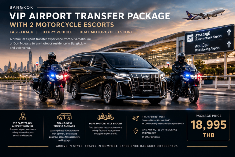 Premium VIP airport transfers in Bangkok, combining luxury transportation, VIP Fast-Track airport assistance and a dedicated two-motorcycle escort for a seamless travel experience