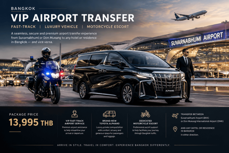 VIP airport transfers in Bangkok, combining luxury, convenience and a premium arrival experience. VIP Airport Transfer Package – 13,995 THB.
